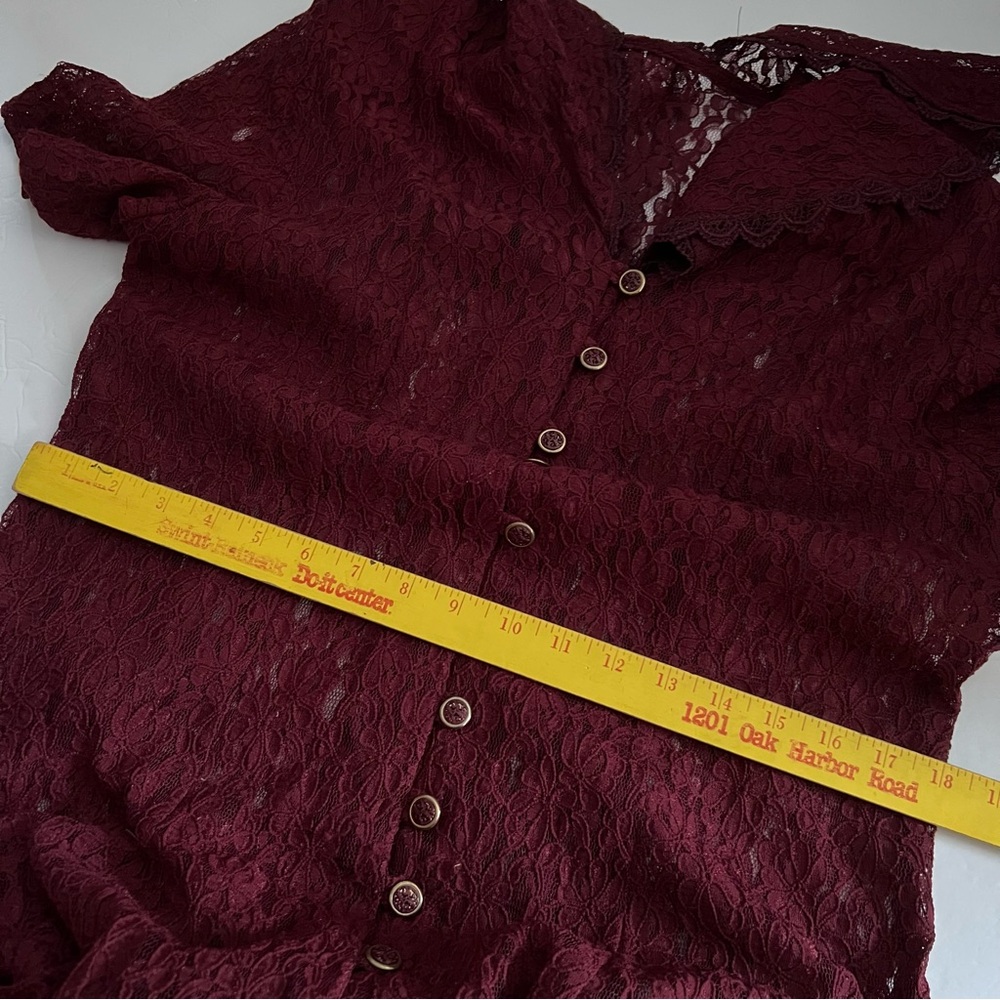 VTG Burgundy Lace Button-Down Long Dress Size L Short Sleeve - Picture 12 of 16